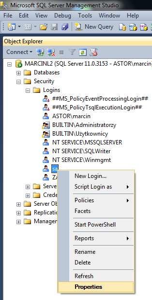Authentication mode. Jeżeli opcja ta nie jest zaznaczona, należy ją zaznaczyć i przyciskiem OK opuścić okno Server Properties.