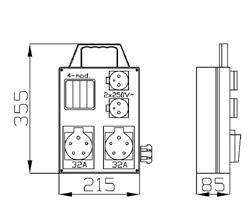 napięcie znamionowe Norma: PN-EN 61439-3:2012 Miejsce na zabezpieczenia 4 Wymiary: 215x355x85 mm Wejście: dławica PG21 U R S-P 4-mod 2x2P+Z, 3P+N+Z 16A, 3P+N+Z 32A wyposażona z przewodem i wtyką 32A