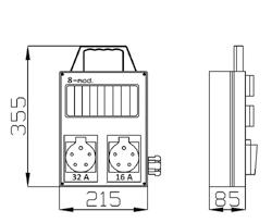 + wtyka 3P+N+Z 32A Wymiary: 215x355x85 mm U RS 8-mod.