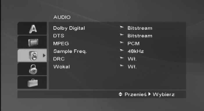 Dolby Digital / MPEG DVD DivX Bitstream: Dźwięk w formacie Bitstream należy wybrać, jeśli gniazdo DIGITAL AUDIO OUT odtwarzacza DVD/magnetowidu zostało podłączone do wzmacniacza lub innego urządzenia
