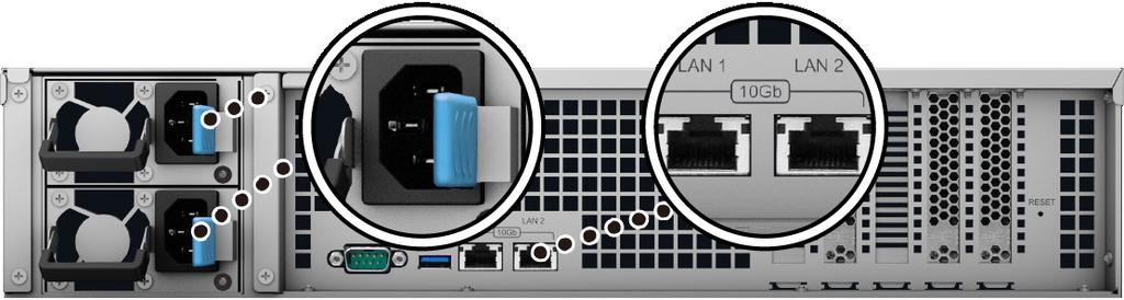 Uruchom serwer FlashStation 1 Podłącz koniec każdego kabla zasilania do gniazd zasilania z tyłu serwera FlashStation, a wtyczki na