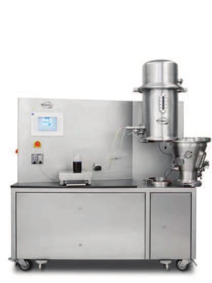 Midilab XP zbiorniki produktu: 7 l/12 l/16 l/ 20 l wielkość wsadu: 1-10 kg natrysk odgórny, oddolny, boczny do stosowania w laboratoriach i produkcji pilotowej konstrukcja przejezdna funkcja mycia