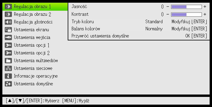 Używanie menu konfiguracyjnego (MENU) Naciśnięcie klawisza [MENU] powoduje wyświetlenie na ekranie projekcyjnym menu konfiguracyjnego przedstawionego poniżej.