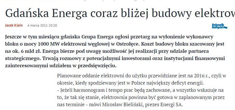 Czas budowy dużych elektrowni Elektrownia Informacja