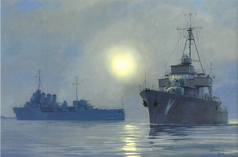 Niszczyciel ORP "Błyskawica", seria kartek pocztowych "Polskie okręty", autor: Grzegorz Nawrocki, reprodukcja przedstawia: ORP "Błyskawica" podczas walki z niemieckim