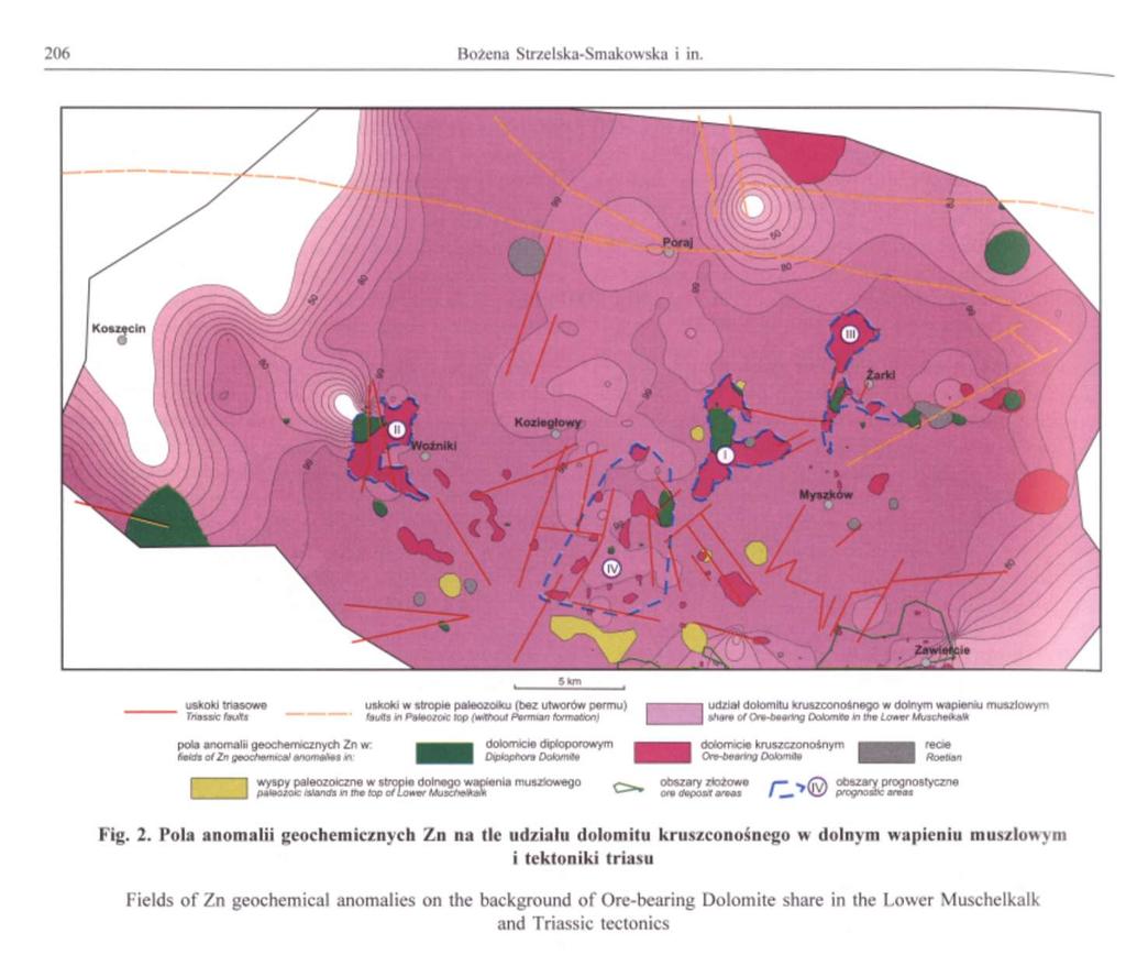 skicj. Dwa z wyróżnionych obszarów prognostycznych (II i IV) występują w obrębie pokrywy permomezozoicznej nad blokiem górnośląskim, podobnie jak złoża udokumentowane.