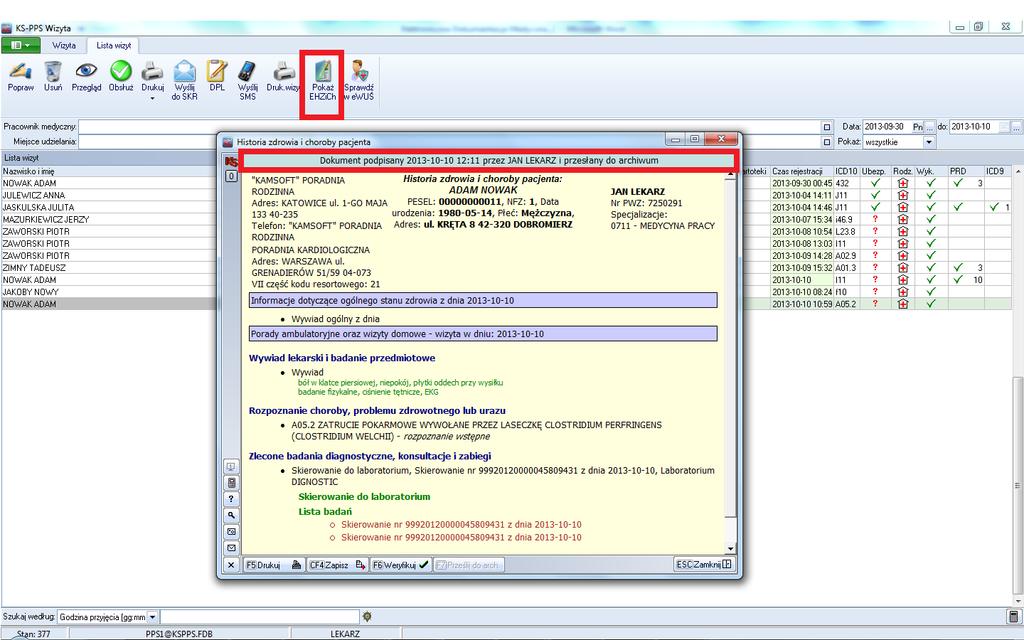 W module EDM, na liście zrealizowanych wizyt pacjentów można przeglądać wygenerowane dokumenty EHZiCh Pokaż EHZiCh.