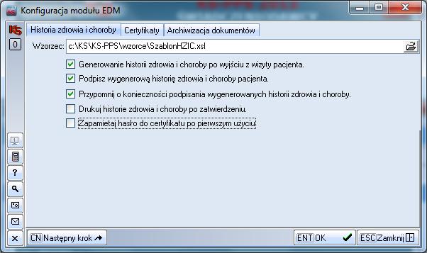 Potwierdzenie powyższego komunikatu przygotuje do edycji kartę Konfiguracji modułu EDM. Konfiguracja modułu składa się z 3 części: Historia zdrowia i choroby, Certyfikaty, Archiwizacja dokumentów.