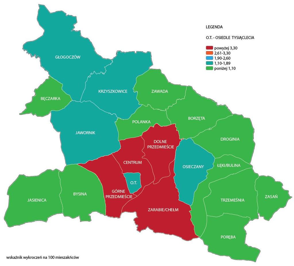 Grafika 7 Liczba wykroczeń w przeliczeniu na 100 mieszkańców Źródło: opracowanie własne na podstawie danych Policji i Straży Miejskiej Zaprezentowane powyżej negatywne zjawiska występujące w