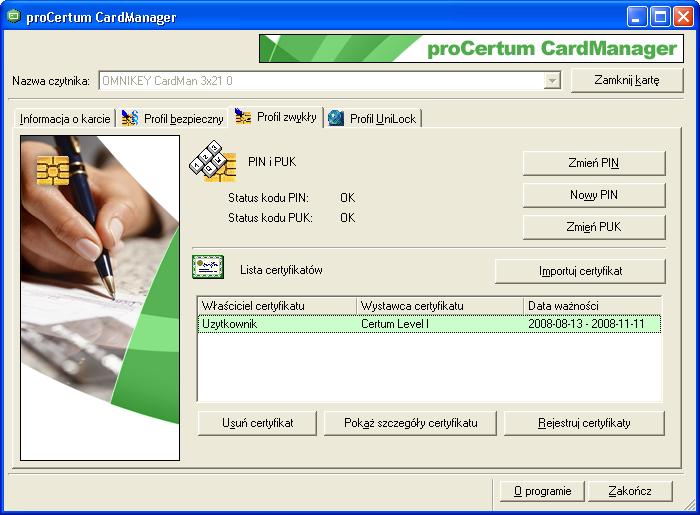 Rysunek 27: Okno profilu zwykłego z widocznym certyfikatem W tym momencie można zainstalować certyfikat z karty w Programie Outlook Express.