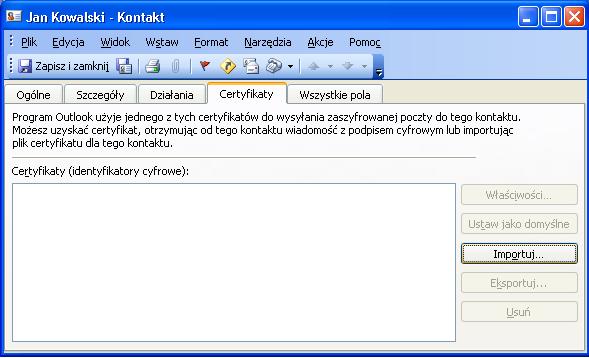 Rysunek 42: Import certyfikatu nowo dodanego kontaktu W nowo otwartym oknie