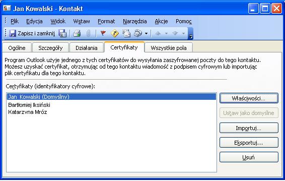 8. Usuwanie certyfikatu innej osoby Jeżeli chcemy usunąć certyfikat innej osoby, powinniśmy wybrać w menu programu Outlook 2003 pozycję Narzędzia, a następnie Książka adresowa.