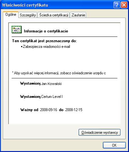 Jeżeli na liście jest kilka certyfikatów, w celu zidentyfikowania certyfikatu do usunięcia należy skorzystać z informacji o danym certyfikacie, które są dostępne po naciśnięciu przycisku Właściwości.