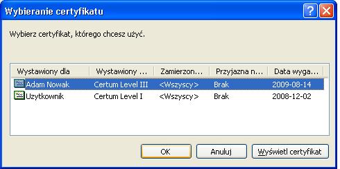 Naciskamy Wybierz, a następnie w nowym oknie Wybieranie certyfikatu zaznaczamy certyfikat, który ma zostać eksportowany. Wciskamy OK.