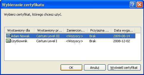 W części okna Certyfikaty i algorytmy wybieramy certyfikat, który będzie używany do elektronicznego podpisywania wysyłanych wiadomości.