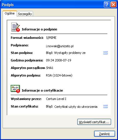 Rysunek 83: Szczegółowe informacje o odwołanym certyfikacie 13. Spis rysunków Rysunek 1: Menu Narzędzia -> Opcje, programu pocztowego Microsoft Outlook 2003.
