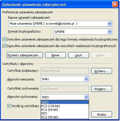 Rysunek 7: Wybór algorytmu do szyfrowania z listy rozwijalnej W ostatnim kroku określamy, czy program ma automatycznie wysyłać określone przez nas wcześniej certyfikaty razem z podpisanymi