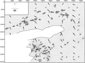 Mapa potencjometryczna wód z³o owych w utworach czerwonego sp¹gowca monokliny przedsudeckiej: 1 z³o e gazu ziemnego,2 granica zasiêgu czerwonego sp¹gowca,3