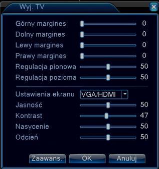 3.3.8 Szybkie menu - Wyjście TV Pozwala na ustawienie wyjścia wideo/vga/hdmi. Można zdefiniować: marginesy wyświetlania, jasność, kontrast, nasycenie, odcień. 3.3.10 Szybkie menu Wyloguj Dostępne trzy opcje: Wyloguj wylogowanie użytkownika Wyłącz wyłączenie rejestratora Restart ponowne uruchomienie rejestratora 3.