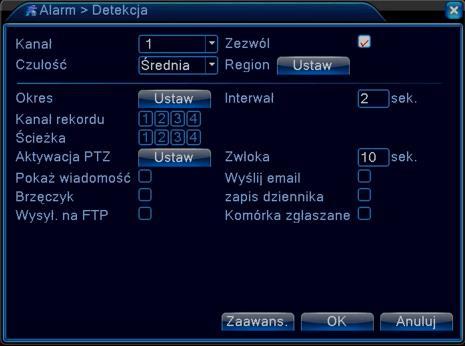 Okno ustawień alarmów 4.2.1 Detekcja Pozwala na włączenie działania detekcji ruchu w rejestratorze dla wybranych lub wszystkich kanałów wideo.