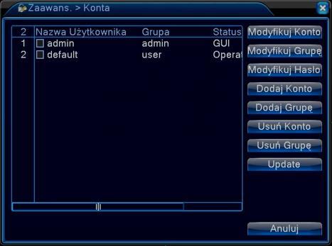 4.4.2 Konta Zakładka która pozwala na zarządzanie użytkownikami dostępnymi w