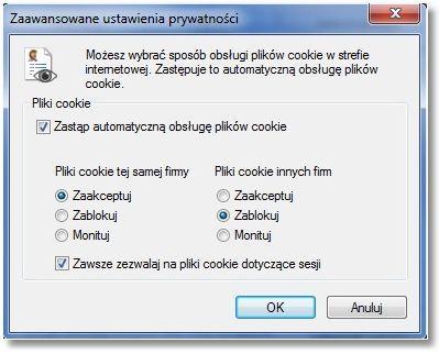 - w części Blokowanie wyskakujących okienek należy zaznaczyć opcję Włącz blokowanie wyskakujących okienek.