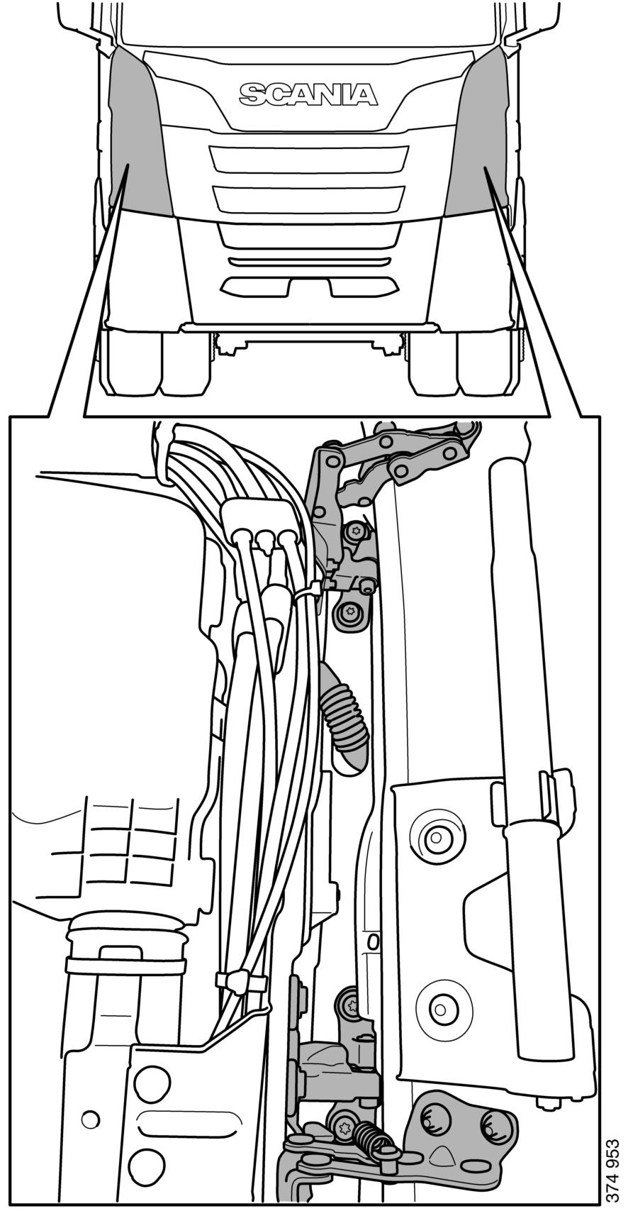 Wejścia do pojazdu Wejścia do pojazdu Drzwi Drzwi można wymontować z kabiny, przecinając zawiasy. OSTRZEŻENIE! Drzwi mogą ważyć do 60 kg. 1.