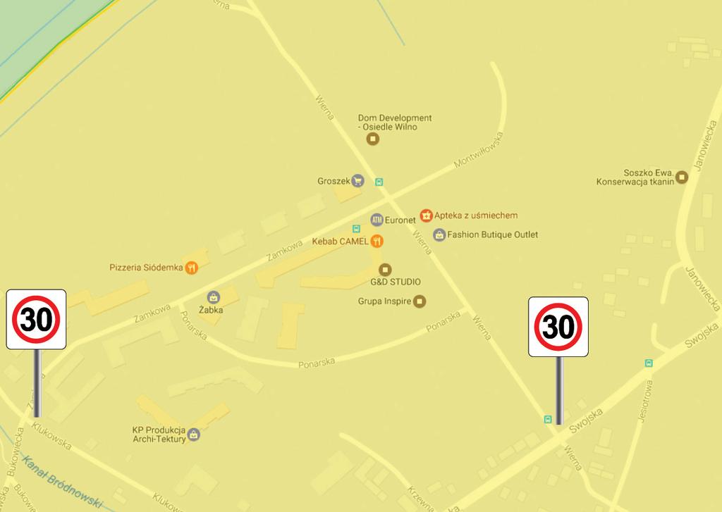 1a. Wprowadzenie strefy Tempo 30 proponowane rozmieszczenie znaków B-43 (30 km/h) przy ulicach