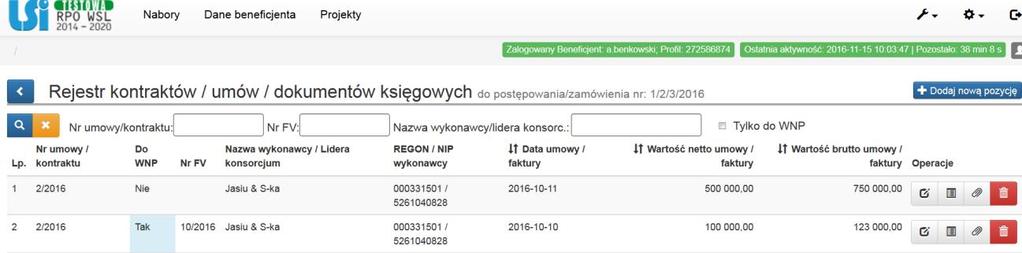 umowa z wykonawcą, faktura, faktura korygująca, protokół odbioru, potwierdzenie zapłaty, powinny być zamieszczane w następujący sposób w systemie LSI: Etap I: W rejestrze postępowań/ zamówień należy