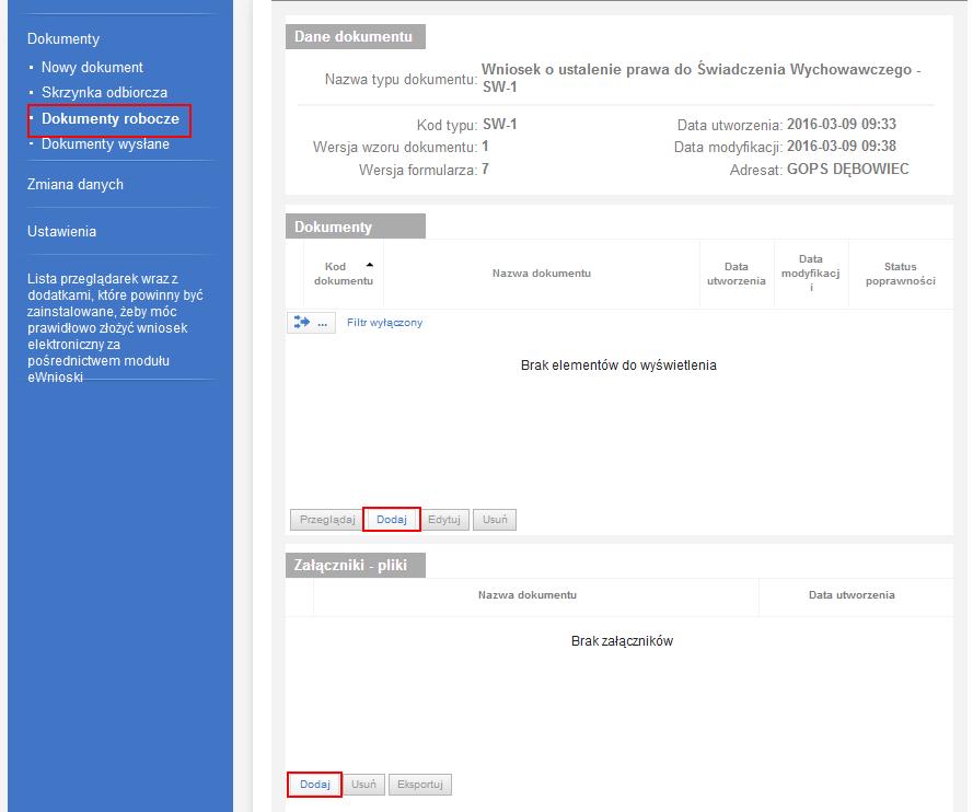 Wybierając przycisk DODAJ w sekcji DOKUMENTY, możemy dołączyć załączniki w postaci plików, które wcześniej umieściliśmy na dysku.