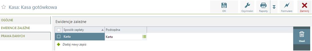 Kasa / Ewidencje zależne Przy takim ustawieniu podczas wystawiania dokumentu sprzedaży w module Handel gdzie, jako sposób zapłaty została wybrana karta zostanie wygenerowana zapłata do ewidencji