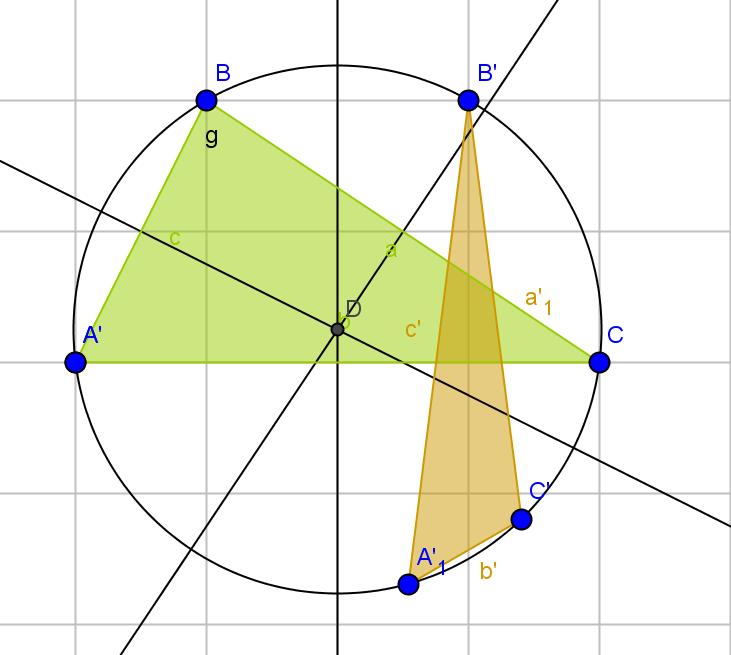 3) Gdy odbijemy w taki sposób wierzchołki trójkąta równobocznego, powstanie także trójkąt równoboczny o 4 razy większym polu i 2 razy