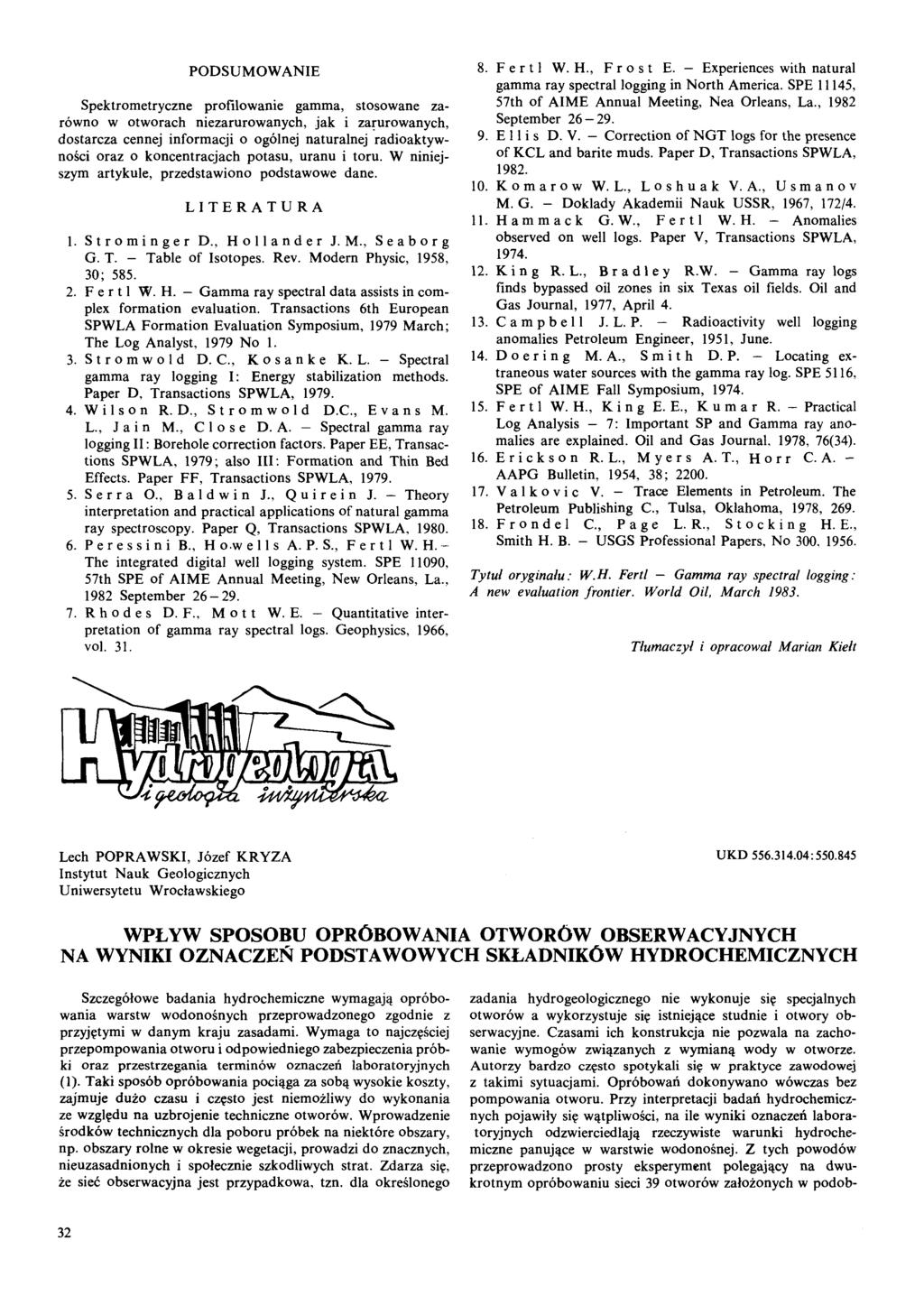 Lech POPRAWSKI, Józef KRYZA Instytut Nauk Gelgicznych Uniwersytetu Wrcławskieg UKD 556.314.04:550.