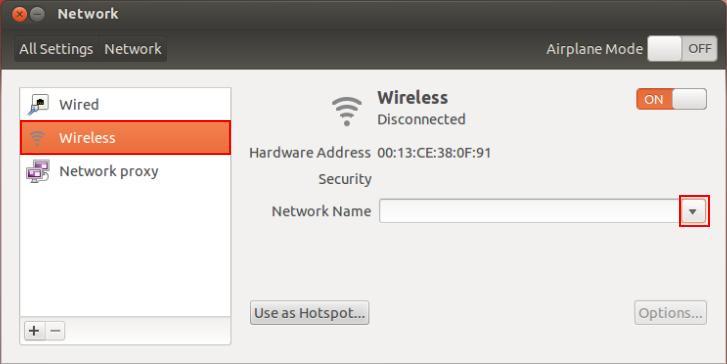 12. Kliknij Wireless a potem kliknij tę ikonę aby rozwinąć menu oznaczone Network Name.