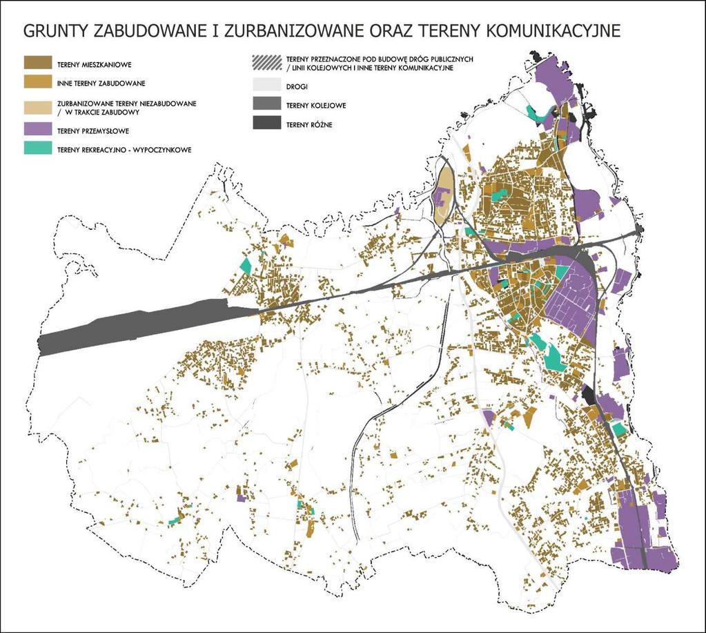 Rysunek 7. Grunty zabudowane i zurbanizowane oraz tereny komunikacyjne na terenie gminy. Źródło: opracowanie własne.