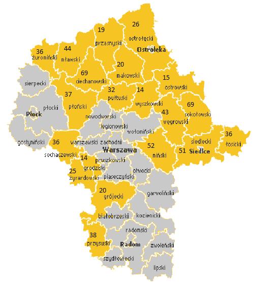 Motywy zakupu ziemi przez rolników na przykładzie województwa mazowieckiego 43 Rysunek 1. Powiaty, w których przeprowadzono badania ankietowe Figure 1.