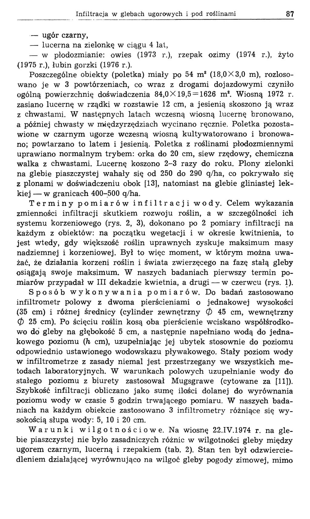 Infiltracja w glebach ugorowych i pod roślinami 87 czarny, lucerna na zielonkę w ciągu 4 lat, w płodozmianie: owies (1973 r.),