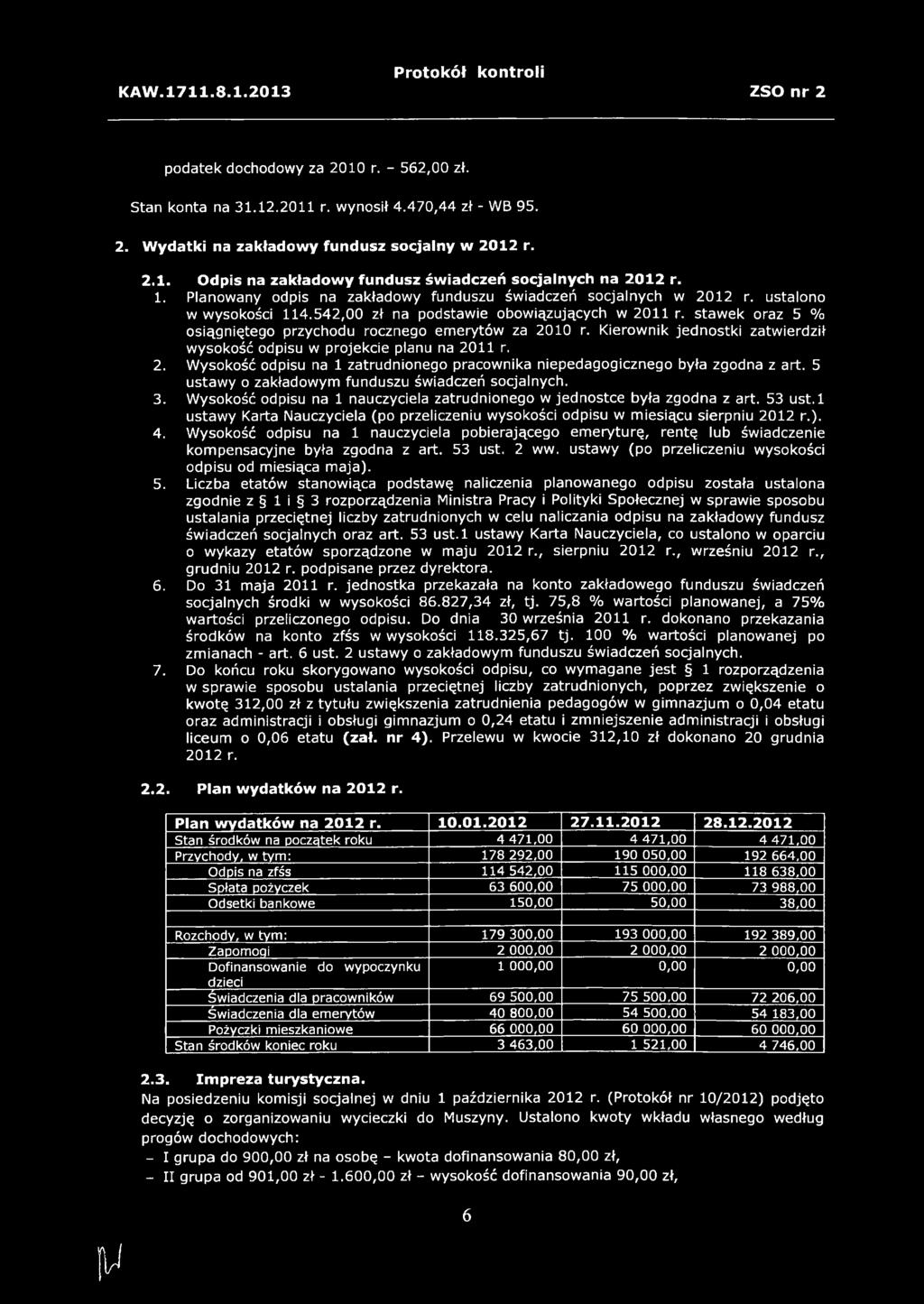 stawek oraz 5 % osiągniętego przychodu rocznego emerytów za 2010 r. Kierownik jednostki zatwierdził wysokość odpisu w projekcie planu na 2011 r. 2. Wysokość odpisu na 1 zatrudnionego pracownika niepedagogicznego była zgodna z art.