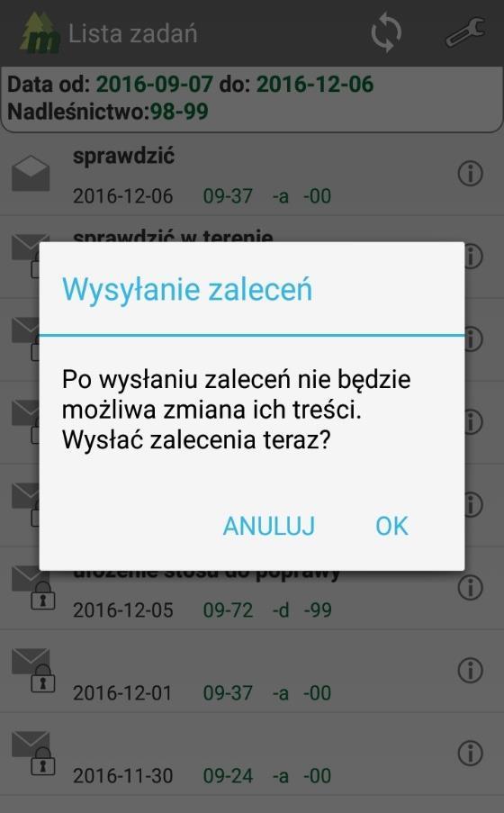 Po powrocie na Listę zadań ikona skomentowanego zlecenia zmieni się na otwartą kopertę.