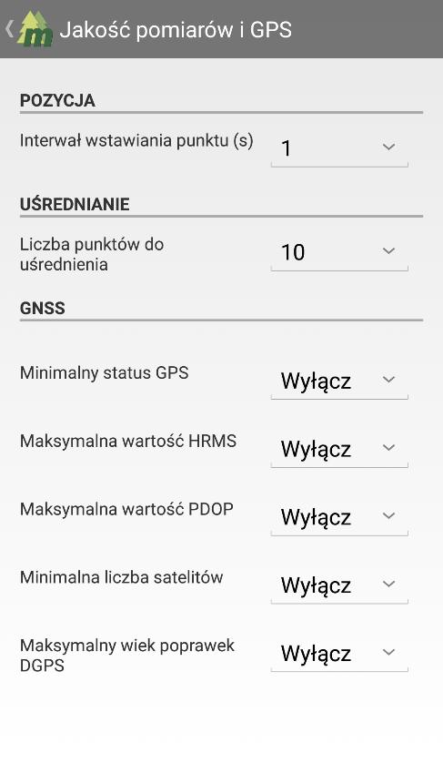 UWAGA: ODPOWIEDNIE USTAWIENIE WYMAGANYCH PARAMETRÓW SYGNAŁU GPS MOŻE DAĆ WIĘKSZĄ DOKŁADNOŚĆ JEDNOSTKOWEGO POMIARU. WIĄŻE SIĘ TO JEDNAK Z RYZYKIEM, ŻE W TRUDNYM TERENIE (NP.