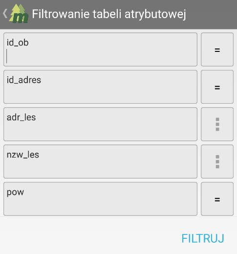 Możliwości filtrowania są zależne od typu atrybutu. Jeśli atrybut warstwy zapisany jest jako tekst, wtedy możliwe jest wyszukanie wszystkich wierszy, które zawierają wpisany ciąg znaków.