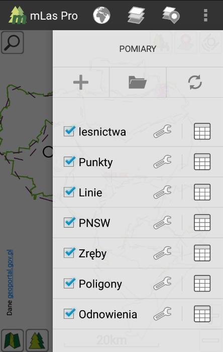 Wyświetli się lista dostępnych narzędzi: Pokaż na mapie - Przybliża widok mapy do wybranej warstwy. Przesuń wyżej/niżej Warstwa znajduje się wyżej lub poniżej względem pozostałych warstw pomiarowych.