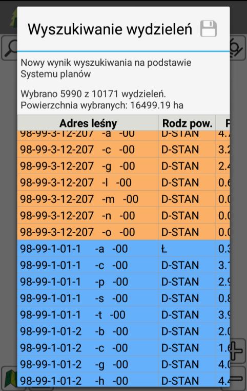 Pokaż tabelę wyświetla tabelę wynikową z wyszukanymi wydzieleniami. Pokaż zaznaczenie centruje podgląd mapy tak, żeby widoczne w nim były wszystkie wyniki wyszukiwania.