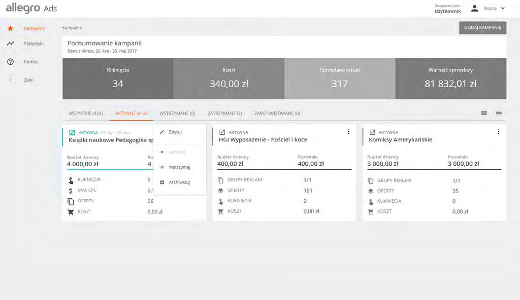 17 Monitorowanie efektywności i optymalizowanie kampanii Allegro Ads Status kampanii możesz sprawdzić w dowolnej chwili w zakładcę Kampanie : Status aktywna Twoja reklama jest emitowana Status