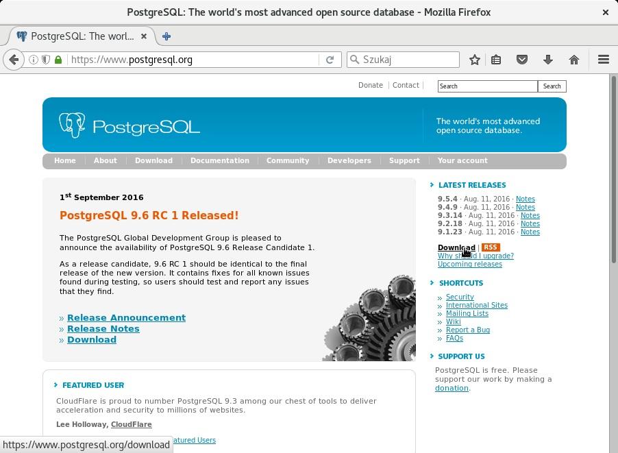 Pobieramy i wypakowujemy źrodła PostgreSQL 9.5.4 1. Aby pobrać źródła serwera baz danych, musimy najpierw odnaleźć link, który wskazuje na paczkę ze źrodłami 2.