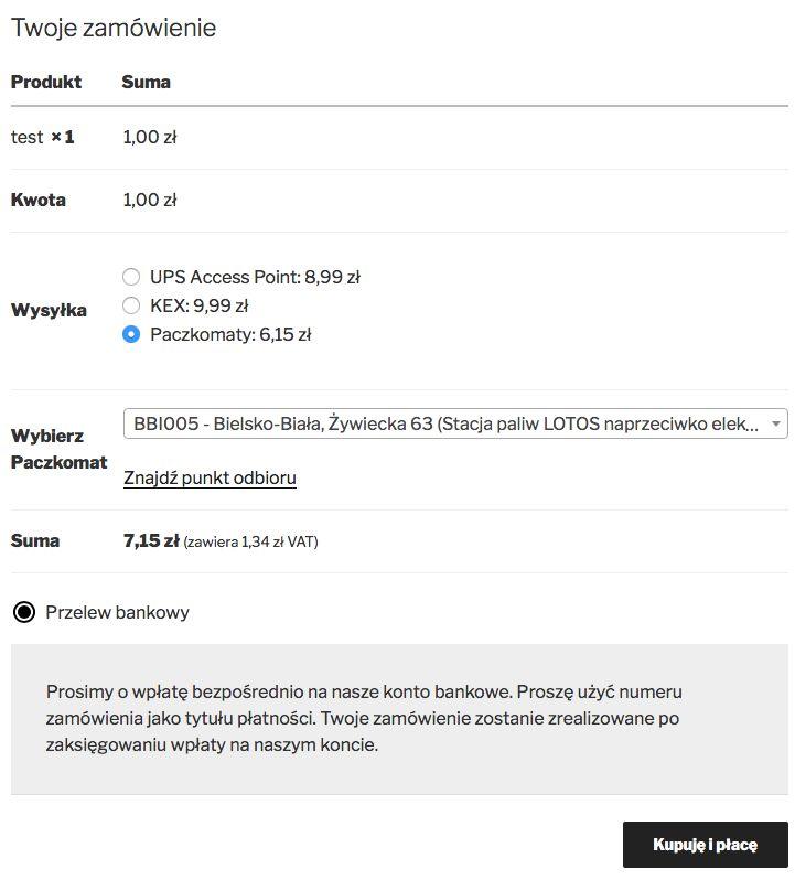 Wybieranie metody wysyłki przez użytkownika W momencie przejścia użytkownika do koszyka (jeśli tak zaznaczono w ustawieniach WooCommerce) lub po przejściu do szczegółów zamówienia będzie widoczna