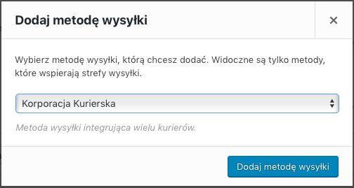 Dodawanie metody wysyłki Korporacji Kurierskiej Aby dodać metodę wysyłki Korporacji Kurierskiej należy wejść w ustawienia WooCommerce a następnie przejść do zakładki Wysyłka.