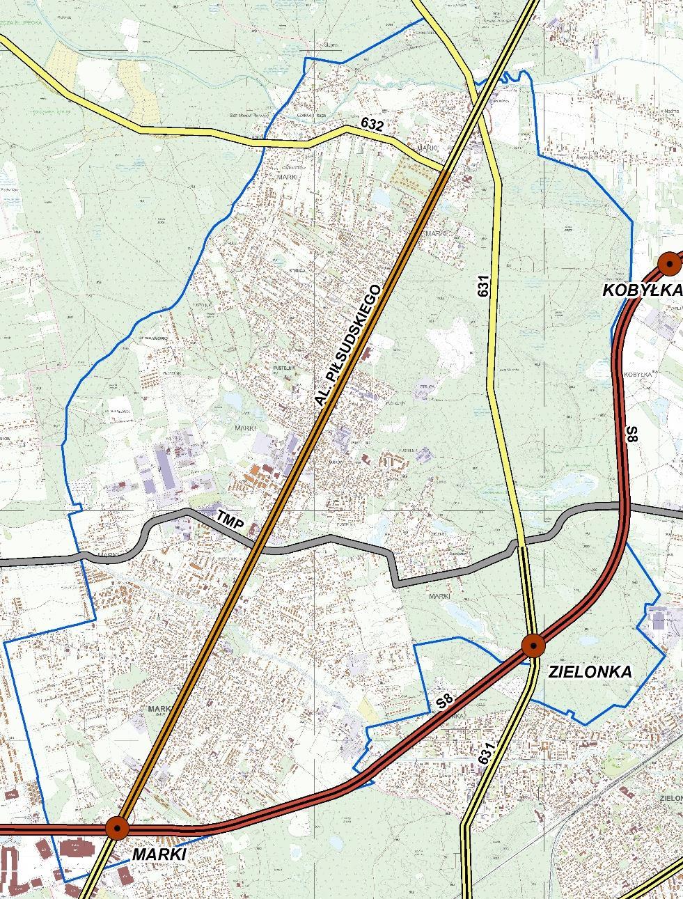 Koncepcja obsługi komunikacyjnej Miasta Marki Tranzyt (kolor zielony): Trasę S8 i DW 631 Transport indywidualny (kolor zielony): DW 631 Al.