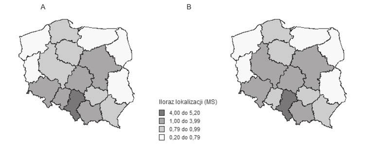 114 Tomasz Rachwał Ryc. 5. Iloraz lokalizacji przemysłu (dla miernika syntetycznego) w 1995 (A) i 2007 (B) r.