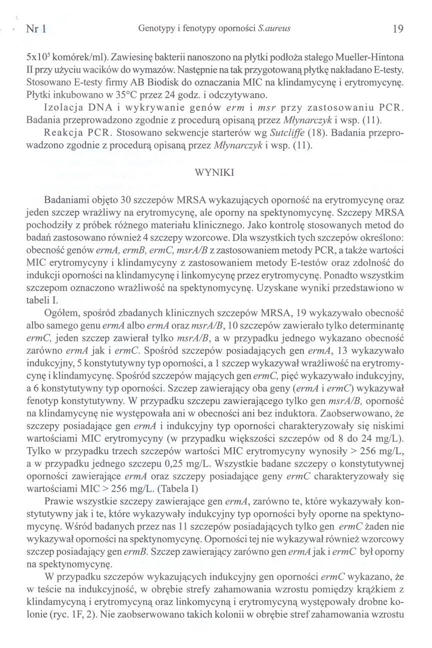 Nrl Genotypy i fenotypy opornosci S.aureus 19 5xl05 komórek/ml). Zawiesine bakteriinanoszonona plytki podloza stalego Mueller-Hintona II przy uzyciuwacikówdo wymazów.